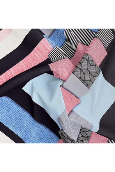 %100 Twill İpek Geometrik Desenli Bebe Mavisi - Pudra Renkli 90x90 Eşarp Dikim Şekli : El Dikişi - Resim 6