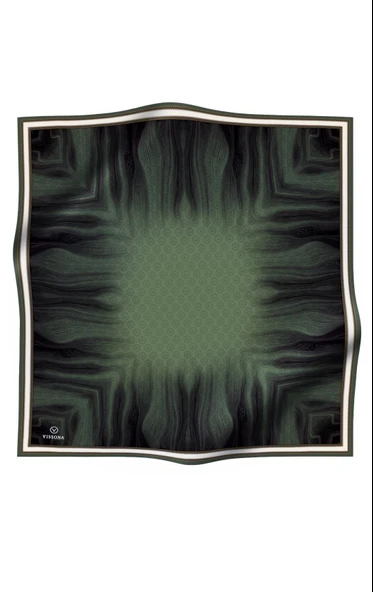 100% Twill İpek Monogram Desenli Haki Renkli 90x90 Dikim Şekli : El Dikişi Eşarp - Resim 2