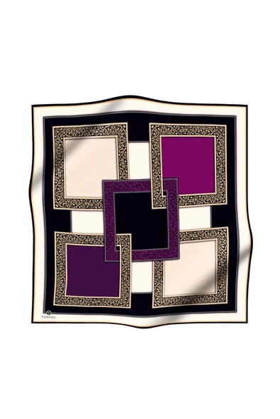 %100 Twill İpek Geometrik Desenli Mürdüm - Siyah Renkli 90x90 Eşarp Dikim Şekli : El Dikişi ürün görseli