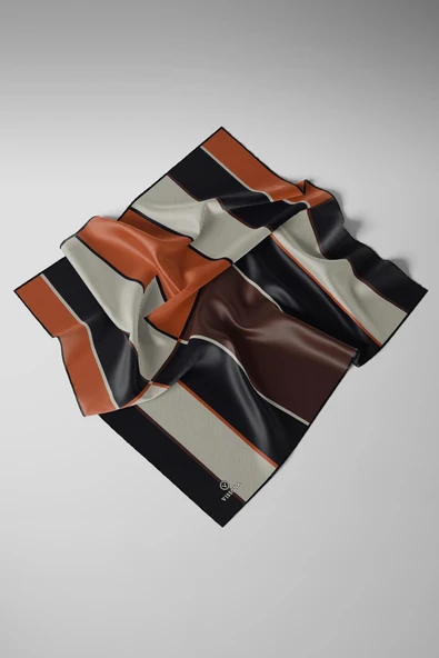 %100 Twill İpek Geometrik Desenli Taba Renkli 90x90 Eşarp Dikim Şekli : El Dikişi - Resim 4