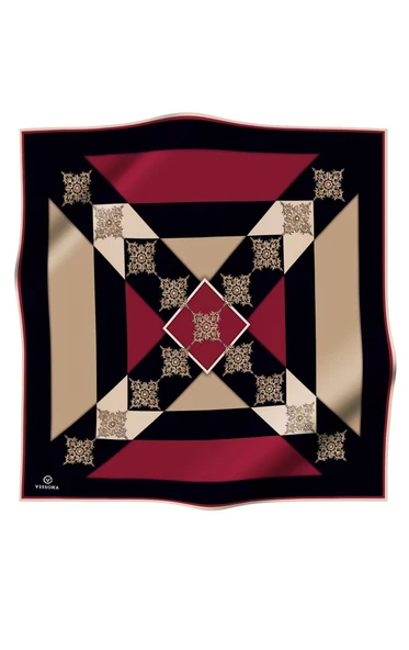 %100 Twill İpek Geometrik ve Barok Desenli Siyah - Bordo Renkli 90x90 Eşarp Dikim Şekli : El Dikişi - Resim 2