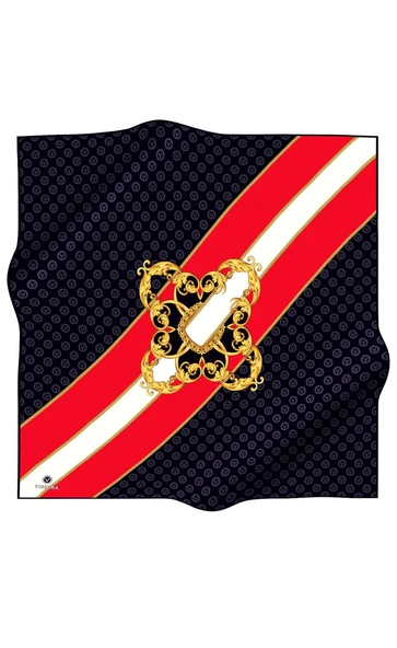 %100 Twill İpek Monogram Ve Barok Desenli Siyah - Kırmızı Renkli 90x90 Eşarp Dikim Şekli : El Dikişi - Resim 2