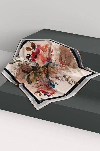 %100 Twill İpek Bahar Çiçekleri Desenli Siyah - Haki Renkli 90x90 Eşarp Dikim Şekli : El Dikişi - Resim 6