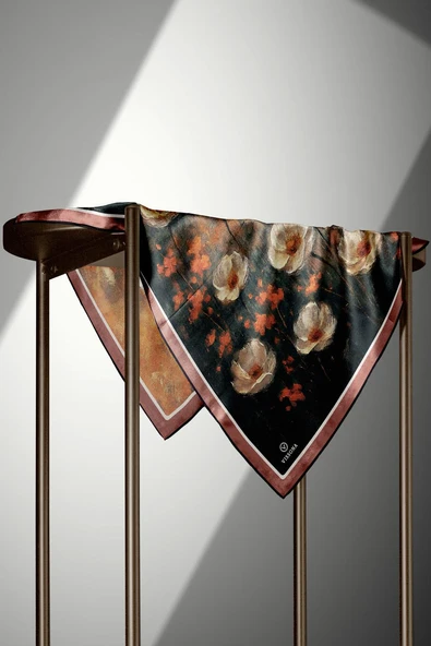 %100 Twill İpek Yağlı Boya Çiçek Desenli Taba - Petrol Yeşili Renkli 90x90 Eşarp Dikim Şekli : El Dikişi - Resim 4