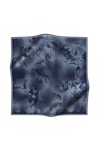 100% Twill İpek Çiçek Desenli Bebe Mavisi Renkli 90x90 Dikim Şekli : El Dikişi Eşarp - Resim 2