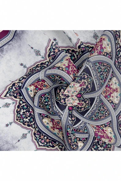 %100 Twill İpek Şal Desenli Mürdüm - Lacivert Renkli 90x90 Eşarp Dikim Şekli : El Dikişi - Resim 6