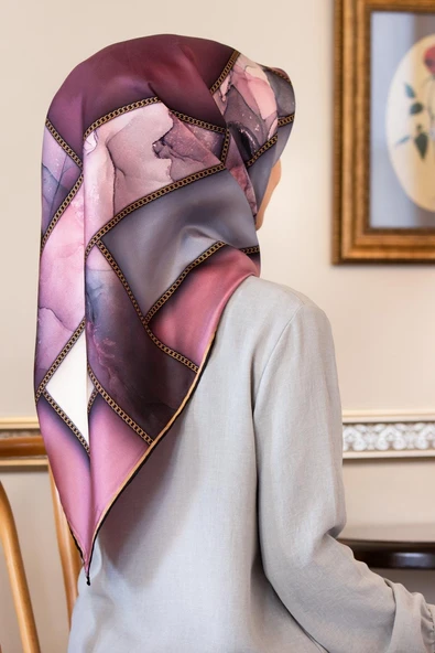 %100 Twill İpek Efektli Bant Desenli Lila - Gri Renkli 90x90 Eşarp Dikim Şekli : El Dikişi ürün görseli 1