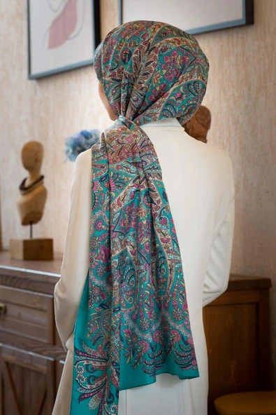 100% İpek Etro Desenli Petrol Yeşili - Pembe Renkli 92x210 Şal ürün görseli