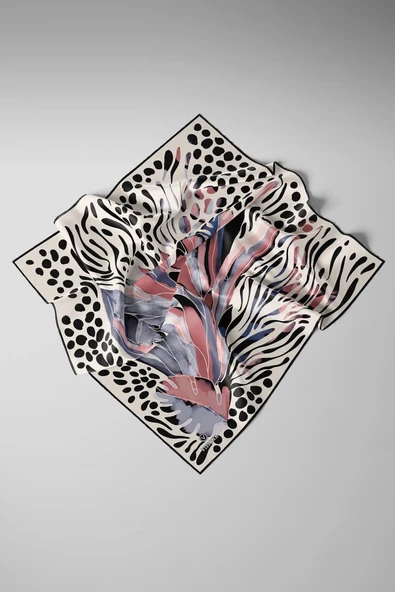 %100 Twill İpek Amazon Desenli Pudra - Gri Renkli 90x90 Eşarp Kenar Dikiş Şekli El Dikişli - Resim 5