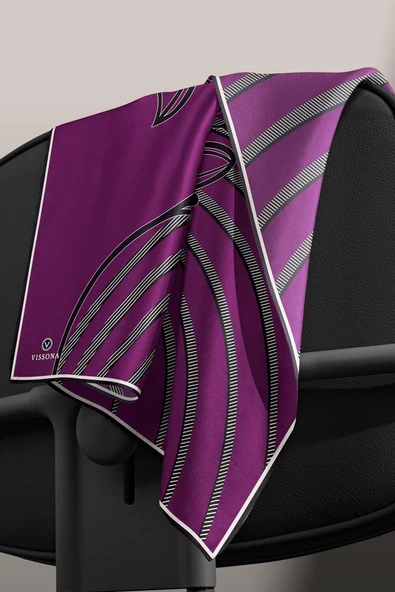 %100 Twill İpek Çizgili Çiçek Desenli Mürdüm - Siyah Renkli 90x90 Eşarp Dikim Şekli : El Dikişi - Resim 5