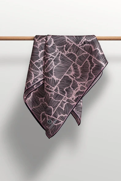 %100 Twill İpek Geometrik Desenli Pudra - Siyah Renkli 90x90 Eşarp Dikim Şekli : El Dikişi - Resim 6