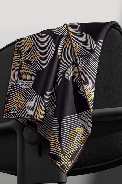 %100 Twill İpek Çizgili Çiçek Desenli Taba - Siyah Renkli 90x90 Eşarp Dikim Şekli : El Dikişi - Resim 6