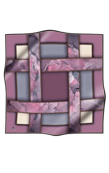 %100 Twill İpek Efektli Bant Desenli Lila - Gri Renkli 90x90 Eşarp Dikim Şekli : El Dikişi - Resim 2