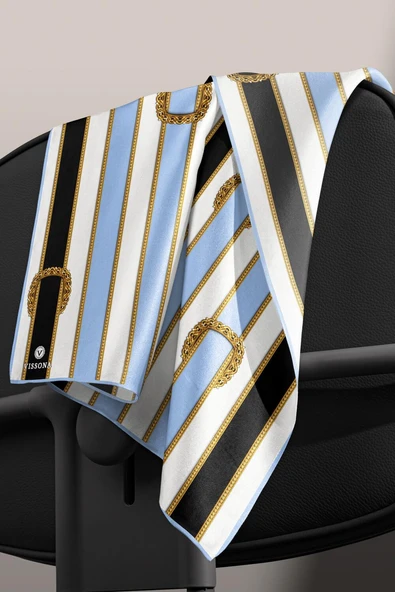 %100 Twill İpek Kemer Desenli Siyah - Bebe Mavisi Renkli 90x90 Eşarp Dikim Şekli : El Dikişi - Resim 4