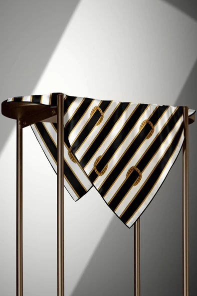 %100 Twill İpek Kemer Desenli Siyah - Krem Renkli 90x90 Eşarp Dikim Şekli : El Dikişi - Resim 6