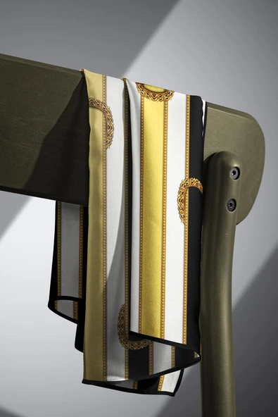 %100 Twill İpek Kemer Desenli Siyah - Limon Sarısı Renkli 90x90 Eşarp Dikim Şekli : El Dikişi - Resim 3