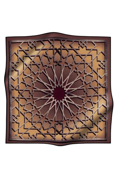 %100 Twill Türk Motifi  Desenli Camel - Bej Renkli 90x90 Eşarp Dikim Şekli: El Dikişi - Resim 2