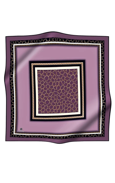 %100 Twill İpek Gold Halka Desenli Lila - Siyah Renkli 90x90 Eşarp Dikim Şekli : El Dikişi - Resim 2