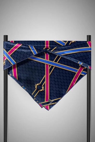 %100 Twill İpek Kemerli Ve Monogram Desenli Lacivert - Fuşya Renkli 90x90 Eşarp Dikim Şekli : El Dikişi - Resim 5