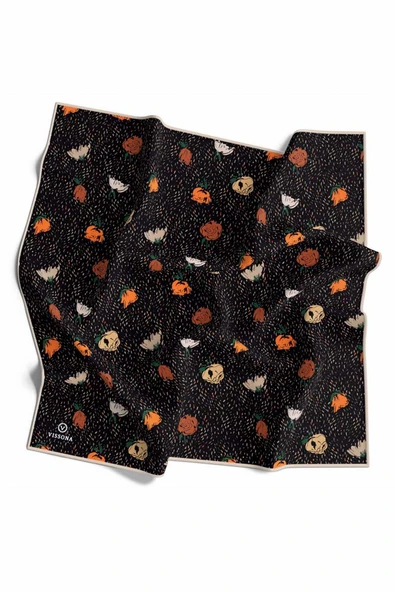 %100 Twill İpek Çıtır Çiçek Desenli Siyah - Taba Renkli 90x90 Eşarp Dikim Şekli : El Dikişi - Resim 2