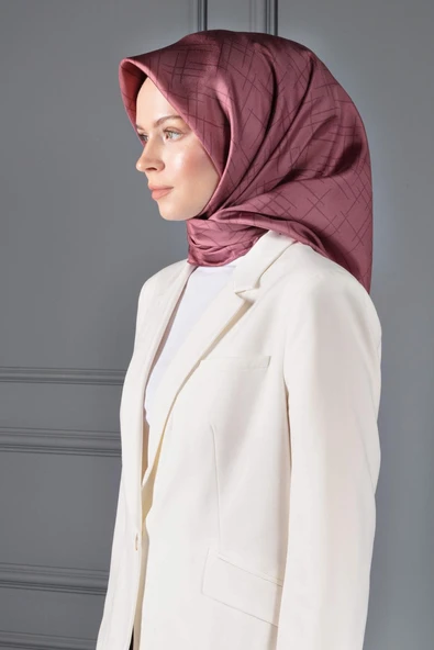 %100 Twill İpek Çizgi Desenli Gül Kurusu Renkli 90x90 Eşarp Dikim Şekli : El Dikişi - Resim 4