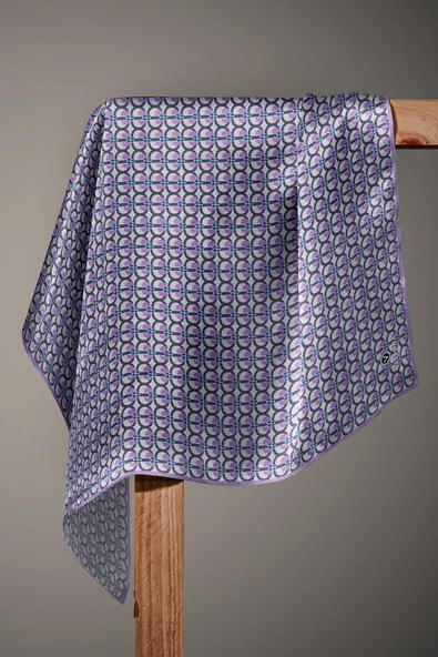 %100 Twill İpek Geometrik Desenli Lila Renkli 90x90 Eşarp Dikim Şekli : El Dikişi - Resim 4