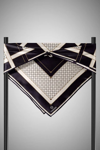 %100 Twill İpek Geometrik Desenli Siyah - Krem Renkli 90x90 Eşarp Dikim Şekli : El Dikişi - Resim 3