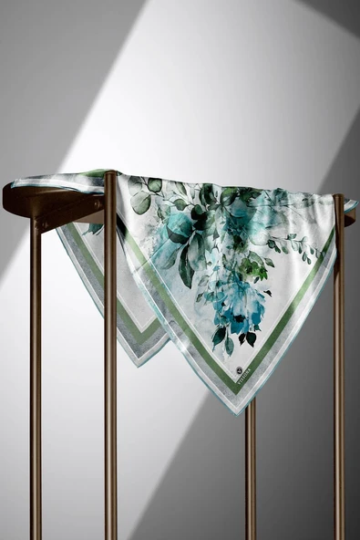 %100 Twill İpek Bahar Çiçekleri Desenli Petrol Yeşili - Haki Renkli 90x90 Eşarp Dikim Şekli : El Dikişi - Resim 3