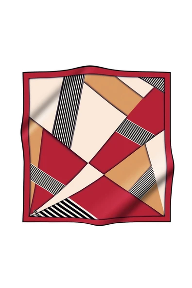 %100 Twill İpek Çizgili ve Geometrik Desenli Bordo - Vizon Renkli 90x90 Eşarp Dikim Şekli : El Dikişi - Resim 2