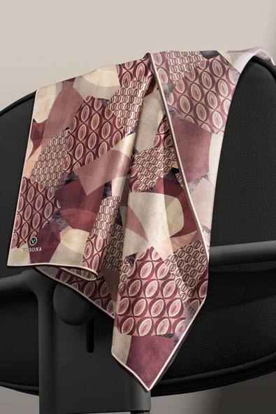 %100 Twill İpek Geometrik Desenli Gül Kurusu - Vizon Renkli 90x90 Eşarp Eşarp Kenar Dikiş Şekli El Dikişli - Resim 5