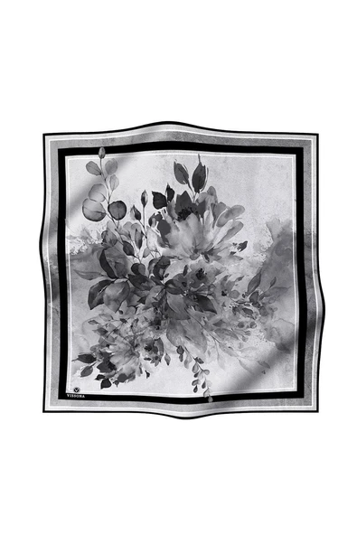 %100 Twill İpek Bahar Çiçekleri Desenli Siyah - Beyaz Renkli 90x90 Eşarp Dikim Şekli : El Dikişi - Resim 2