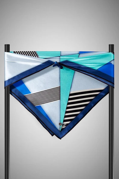 %100 Twill İpek Çizgili ve Geometrik Desenli Saks - Mint Yeşili Renkli 90x90 Eşarp Dikim Şekli : El Dikişi - Resim 6