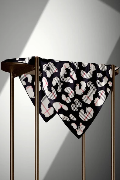 %100 Twill İpek Leopar Desenli Siyah - Krem Renkli 90x90 Eşarp Dikim Şekli : El Dikişi - Resim 4