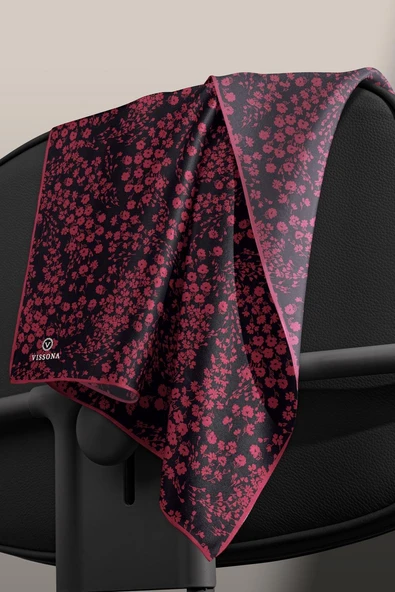 %100 Twill İpek Çıtır Çiçek Desenli Siyah - Bordo Renkli 90x90 Eşarp Dikim Şekli : El Dikişi - Resim 6