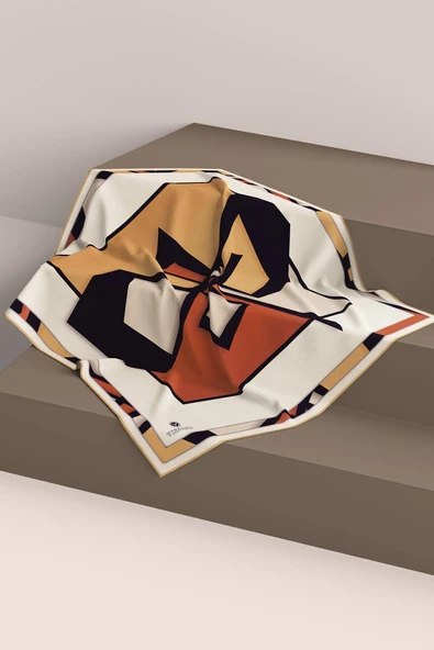 %100 Twill İpek Geometrik Desenli Taba - Gold Renkli 90x90 Eşarp Dikim Şekli : El Dikişi - Resim 6