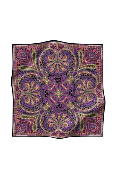 100% Twill İpek Etnik Desenli Siyah - Mor Renkli 90x90 Dikim Şekli : El Dikişi Eşarp - Resim 2