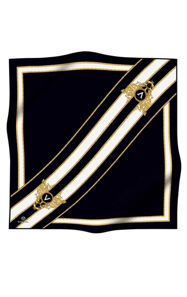 %100 Twill İpek Barok Ve Şerit Desenli Siyah - Krem Renkli 90x90 Eşarp Dikim Şekli : El Dikişi - Resim 2