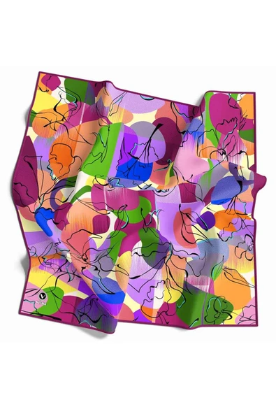 Pamuksu Batikli Ve Çiçek Desenli Mürdüm Renkli 90x90 Soft Eşarp Kenar Dikiş Şekli El Dikişli ürün görseli