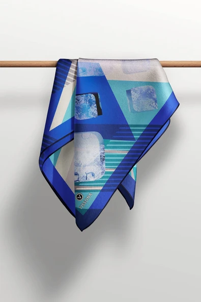 %100 Twill İpek Geometrik Desenli Saks - Mint Yeşili Renkli 90x90 Eşarp Dikim Şekli : El Dikişi - Resim 6