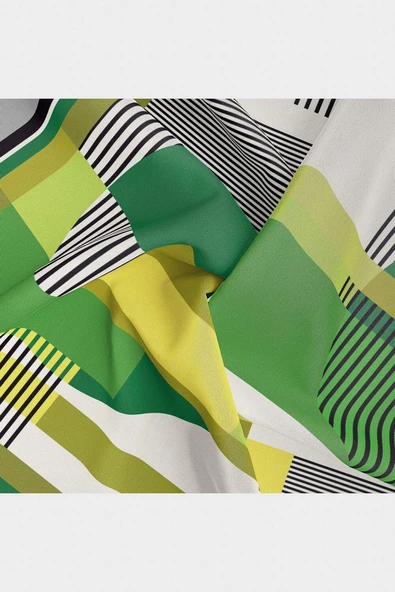 100% Twill İpek Geometrik Desenli Haki - Zümrüt Yeşili Renkli 90x90 Dikim Şekli : El Dikişi Eşarp - Resim 4