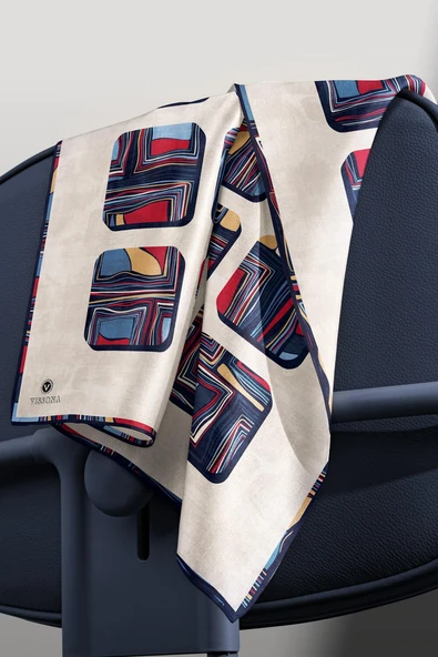 %100 Twill İpek Geometrik Kare Desenli Kırmızı - Lacivert Renkli 90x90 Eşarp Dikim Şekli : El Dikişi - Resim 6