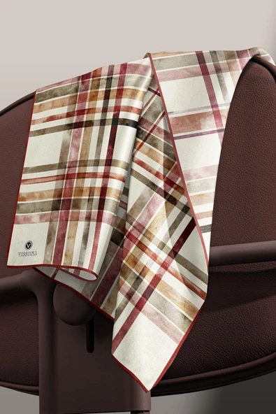 %100 Twill İpek Ekose Desenli Bordo - Haki Renkli 90x90 Eşarp Kenar Dikiş Şekli El Dikişli - Resim 3