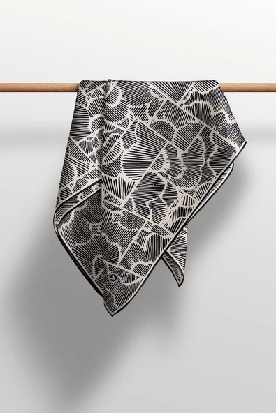 %100 Twill İpek Geometrik Desenli Siyah - Krem Renkli 90x90 Eşarp Dikim Şekli : El Dikişi - Resim 6