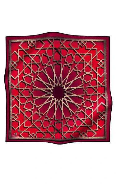 % 57 İPEK % 43 VİSKON Twill Türk Motifi  Desenli Kırmızı Renkli 90x90 Eşarp Dikim Şekli: El Dikişi - Resim 2