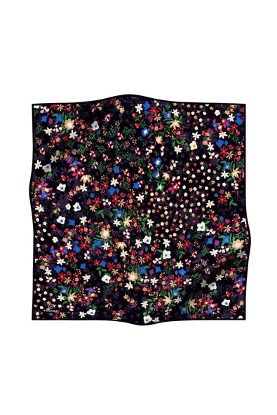 %100 Twill İpek Çıtır Çiçek Desenli Siyah - Fuşya Renkli 90x90 Eşarp Dikim Şekli : El Dikişi - Resim 2