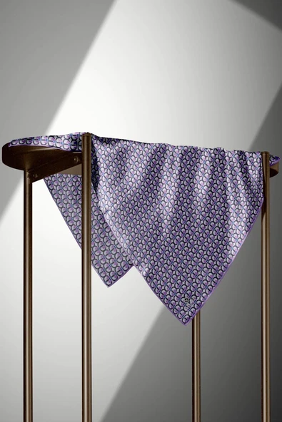 %100 Twill İpek Geometrik Desenli Lila Renkli 90x90 Eşarp Dikim Şekli : El Dikişi - Resim 3