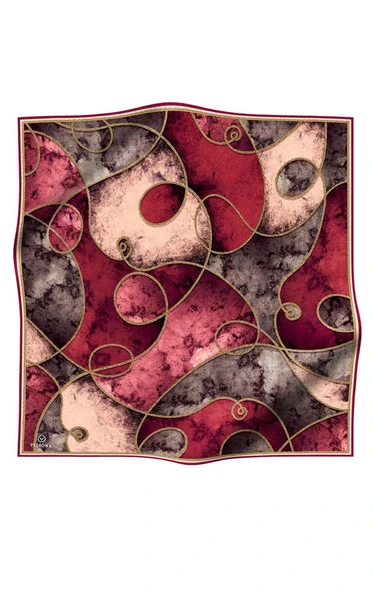 %100 Twill İpek Zincirli Mermer Desenli Bordo - Vizon Renkli 90x90 Eşarp Dikim Şekli : El Dikişi - Resim 2