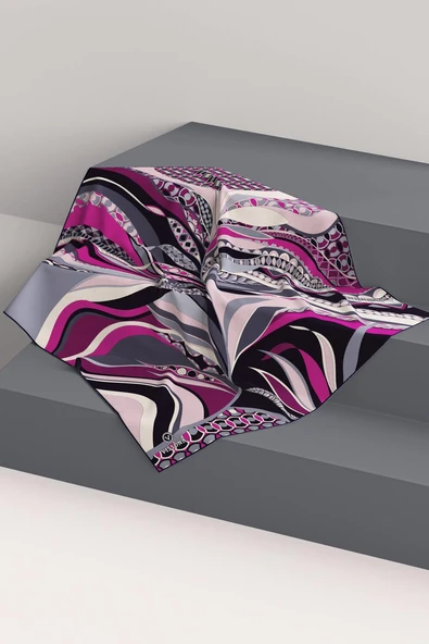 100% Twill Etnik Yaprak Desenli Fuşya Renkli 90x90 Dikim Şekli : El Dikişi Eşarp - Resim 6