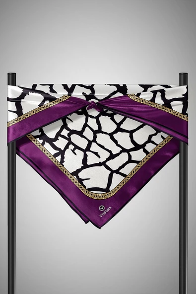 %100 Twill Taş Desenli Mürdüm - Krem Renkli 90x90 Eşarp Dikim Şekli: El Dikişi - Resim 6