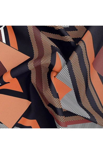 %100 Twill İpek Geometrik Desenli Taba - Siyah Renkli 90x90 Eşarp Dikim Şekli : El Dikişi - Resim 6